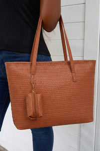 Cinnamon Leatherette Woven Tote Bag with Detachable Pouch - KaleaBoutique.com