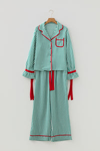 KaleaBoutique Comfortable Contrast Velvet Trim Bow Knot Waist 2pcs Pajama Set - KaleaBoutique.com