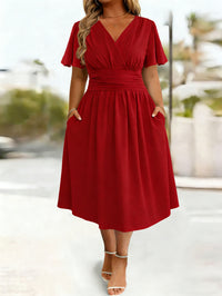 Women's V-Neck Flutter-Sleeve Gathered-Waist Midi Dress - KaleaBoutique.com