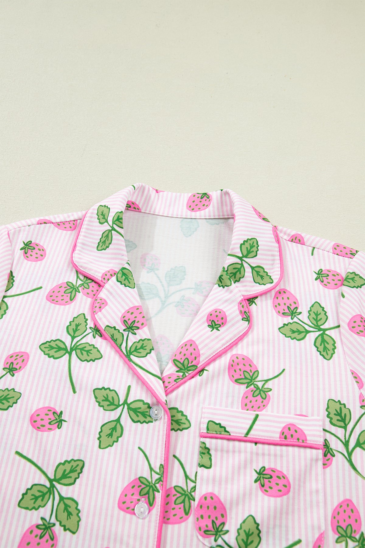 KaleaBoutique Stylish Striped Strawberry Print Lapel Shirt Drawstring Shorts 2pcs Pajama Set - KaleaBoutique.com