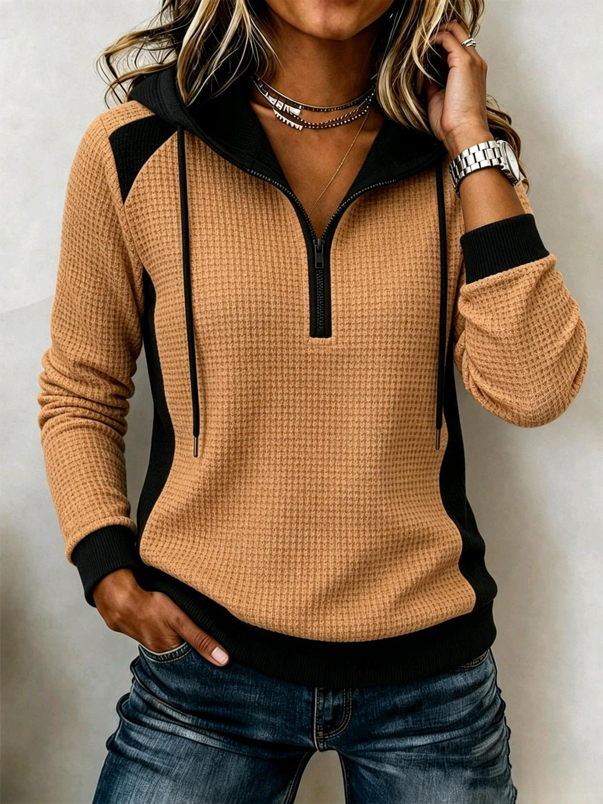 Women's Waffle-knit Half-zip Hooded Sweatshirt - KaleaBoutique.com