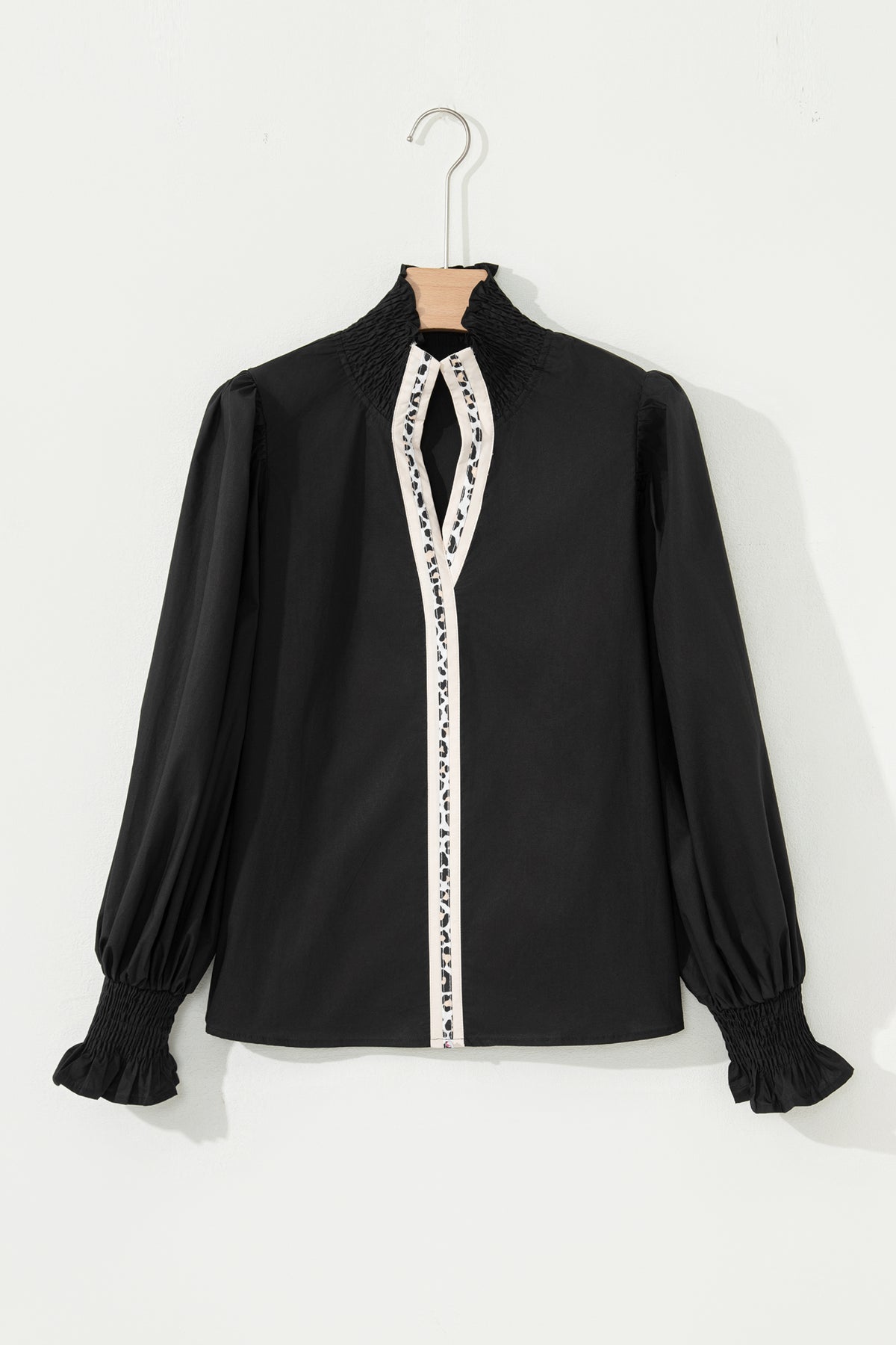 KaleaBoutique Stylish Puffy Flounce Sleeve Leopard Trim V Neck Blouse - KaleaBoutique.com
