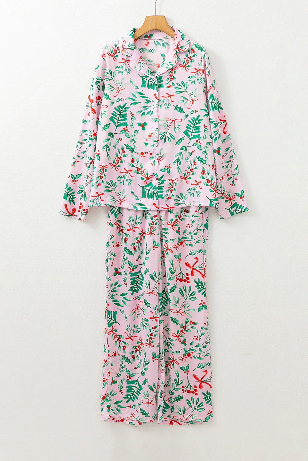 KaleaBoutique Stylish Christmas Berries Plant Print Satin Long Sleeve Pajama Set - KaleaBoutique.com