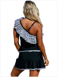 Women's Geometric Ruffle Asymmetric Top and Swim Skirt 2 PC Tankini Set - KaleaBoutique.com