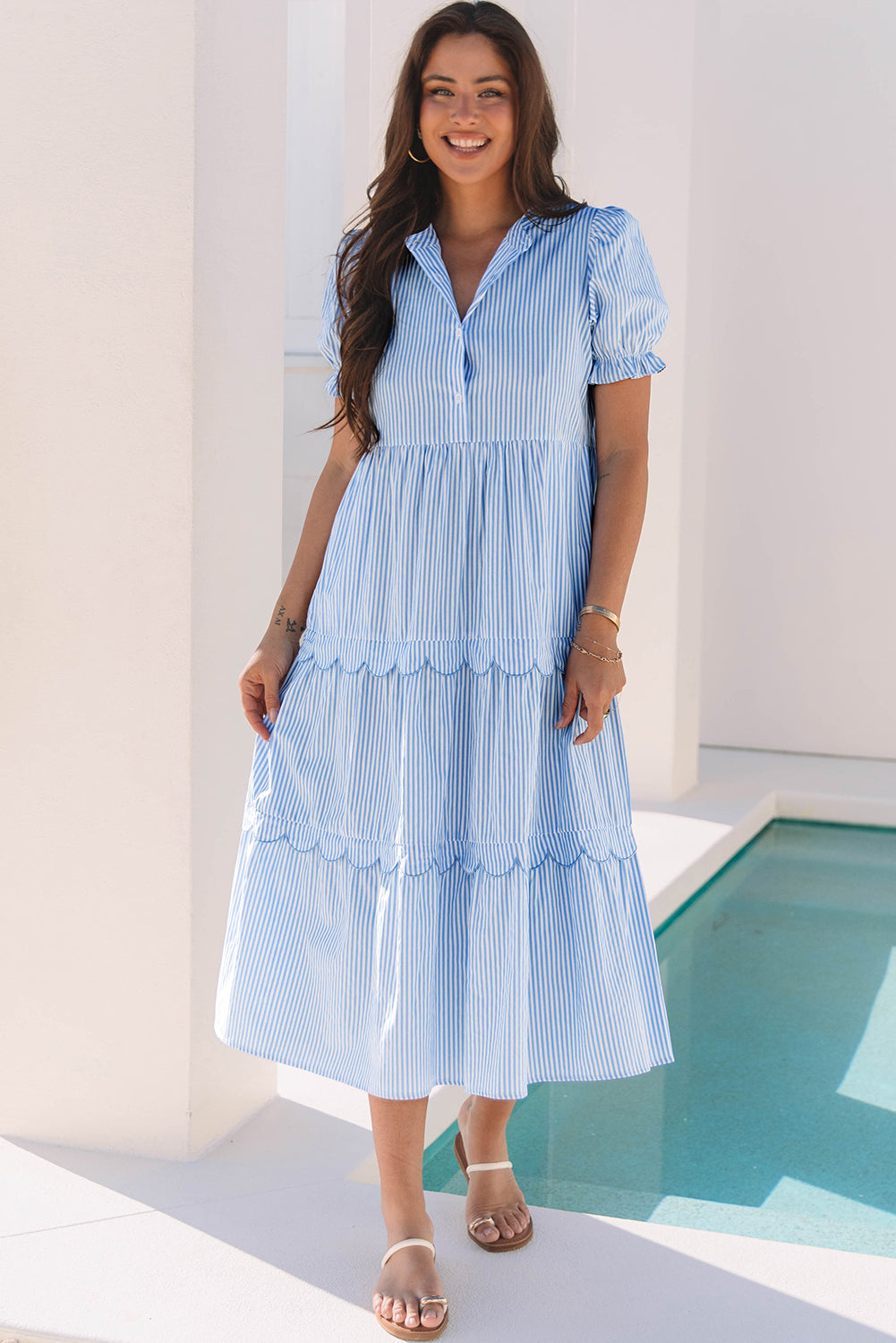 Bubble Short Sleeve Tiered Scallop Long Dress - KaleaBoutique.com