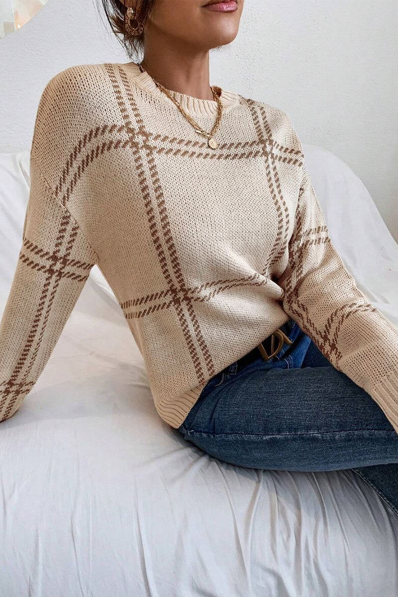 KaleaBoutique Plaid Pattern Knitted Drop Shoulder Sweater - KaleaBoutique.com