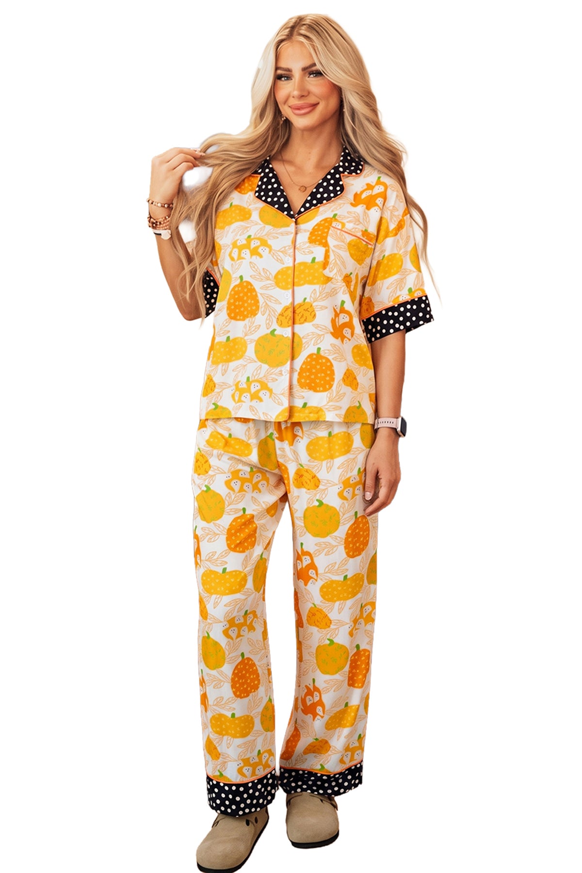 KaleaBoutique Stylish Short Sleeve Pumpkin Print Polka Dot Trim Pocket Pocket Placket Home Wear Lounge Set - KaleaBoutique.com