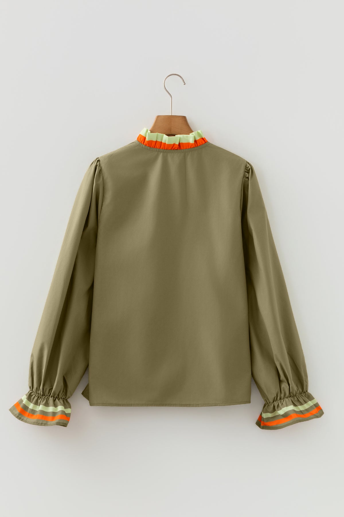 KaleaBoutique Beautiful Striped Trim Ruffle Split Neck Long Sleeve Blouse - KaleaBoutique.com