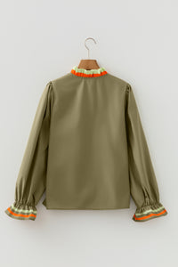 KaleaBoutique Beautiful Striped Trim Ruffle Split Neck Long Sleeve Blouse - KaleaBoutique.com