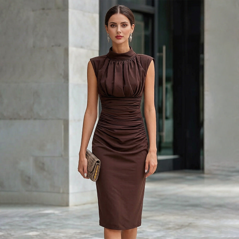 Women's High-Neck Sleeveless Ruched Sheath Dress - KaleaBoutique.com