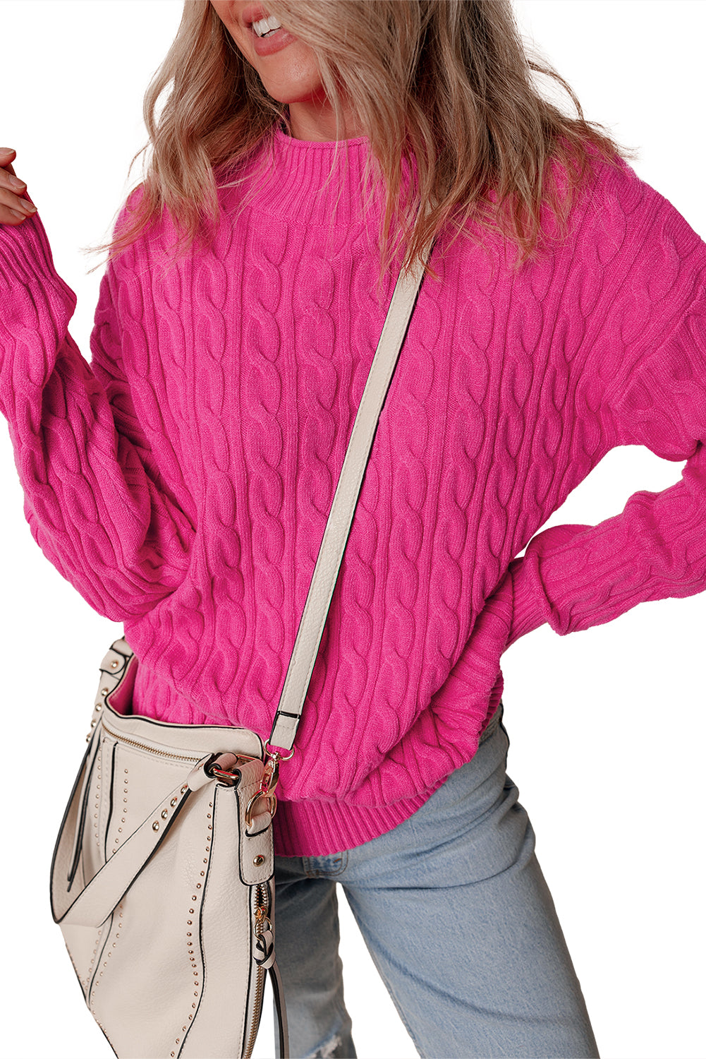 KaleaBoutique Solid Cable Knit High Neck Drop Shoulder Sweater - KaleaBoutique.com
