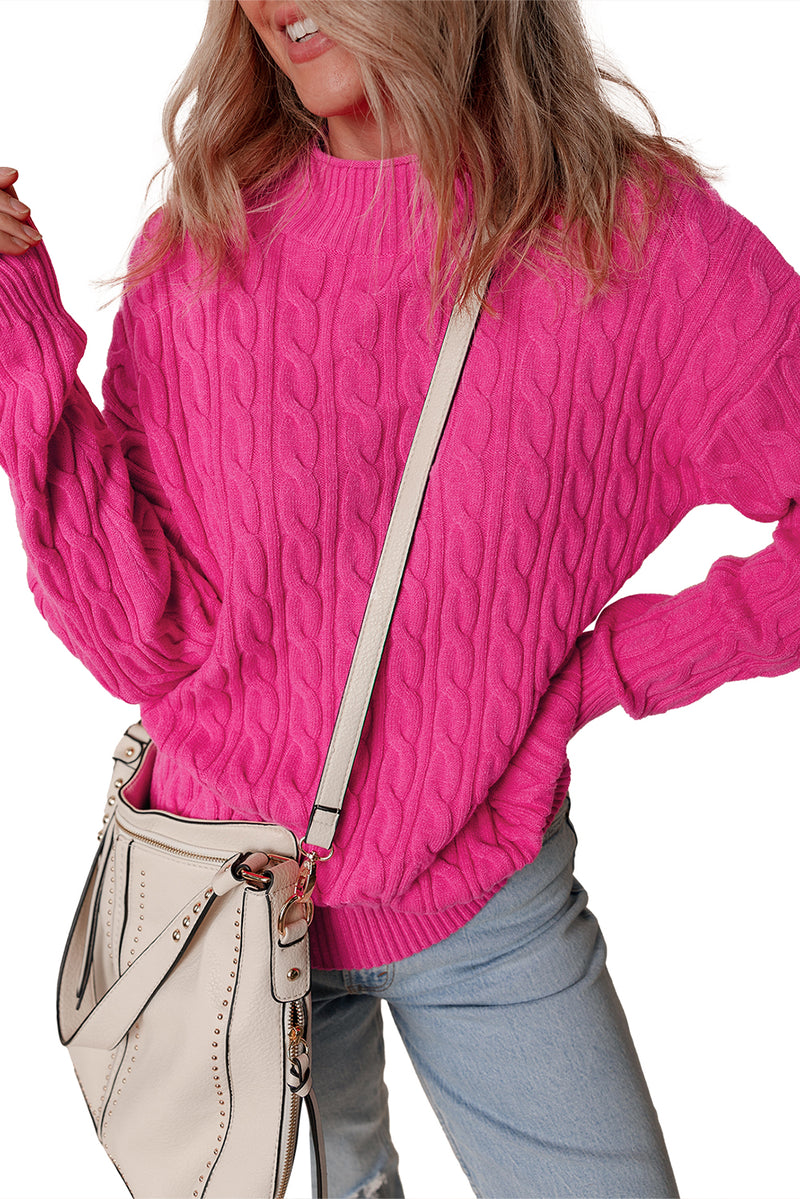 KaleaBoutique Solid Cable Knit High Neck Drop Shoulder Sweater - KaleaBoutique.com