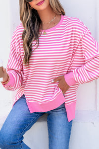 KaleaBoutique Stylish Textured Knit Color Block Trim Split Hem Long Sleeve Top - KaleaBoutique.com