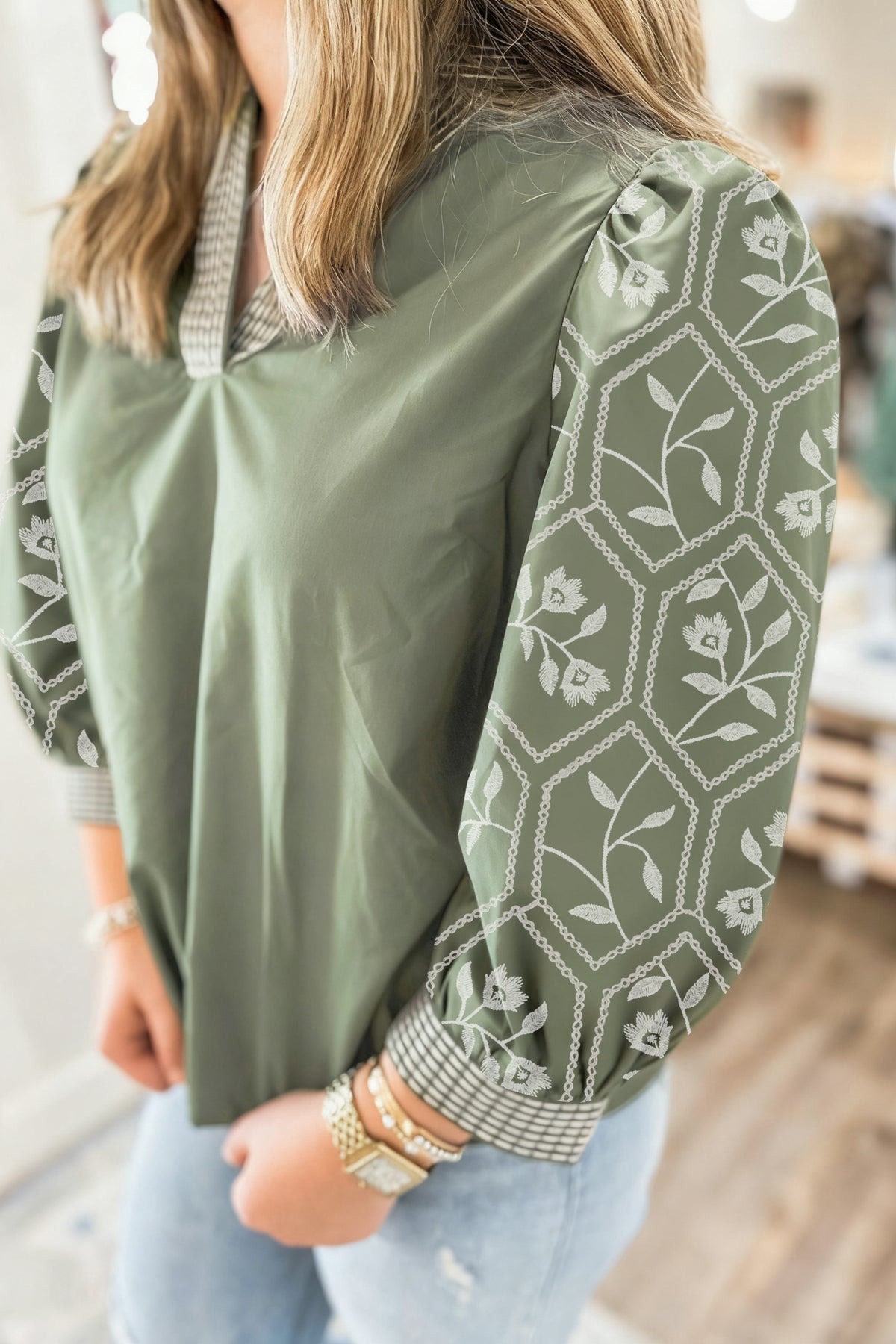 KaleaBoutique Stylish Floral Puff Sleeve Contrast V Neck Patchwork Blouse - KaleaBoutique.com