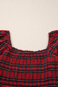KaleaBoutique Stylish Plaid Square Neck Puff Sleeve Knot Waist Flared Midi Dress - KaleaBoutique.com
