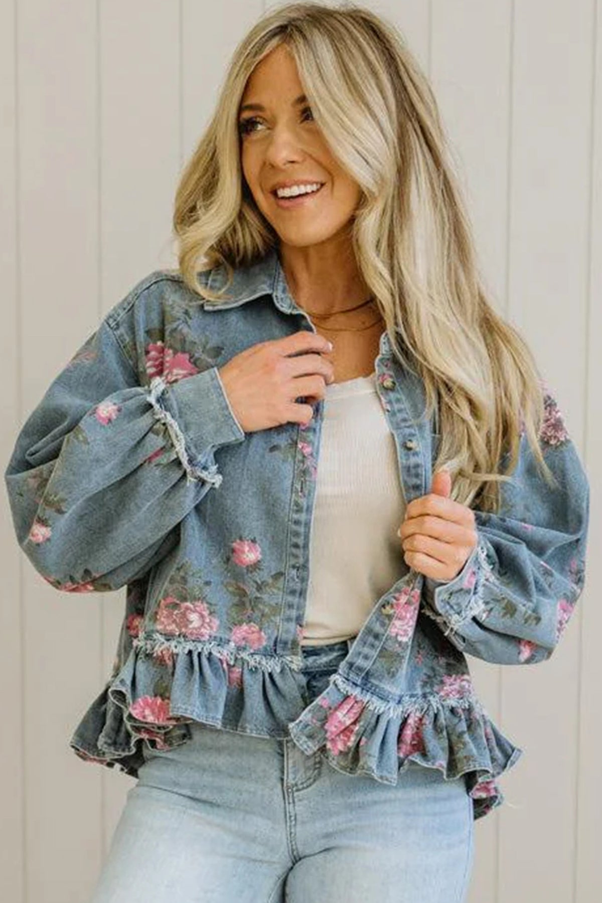 Floral Print Raw Seam Ruffle Hem Denim Jacket - KaleaBoutique.com