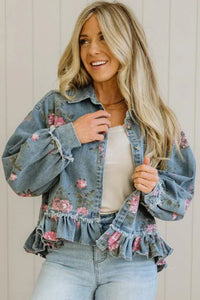 Floral Print Raw Seam Ruffle Hem Denim Jacket - KaleaBoutique.com