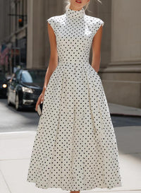 Women's White Polka-Dot High-Neck A-Line Maxi Dress - KaleaBoutique.com