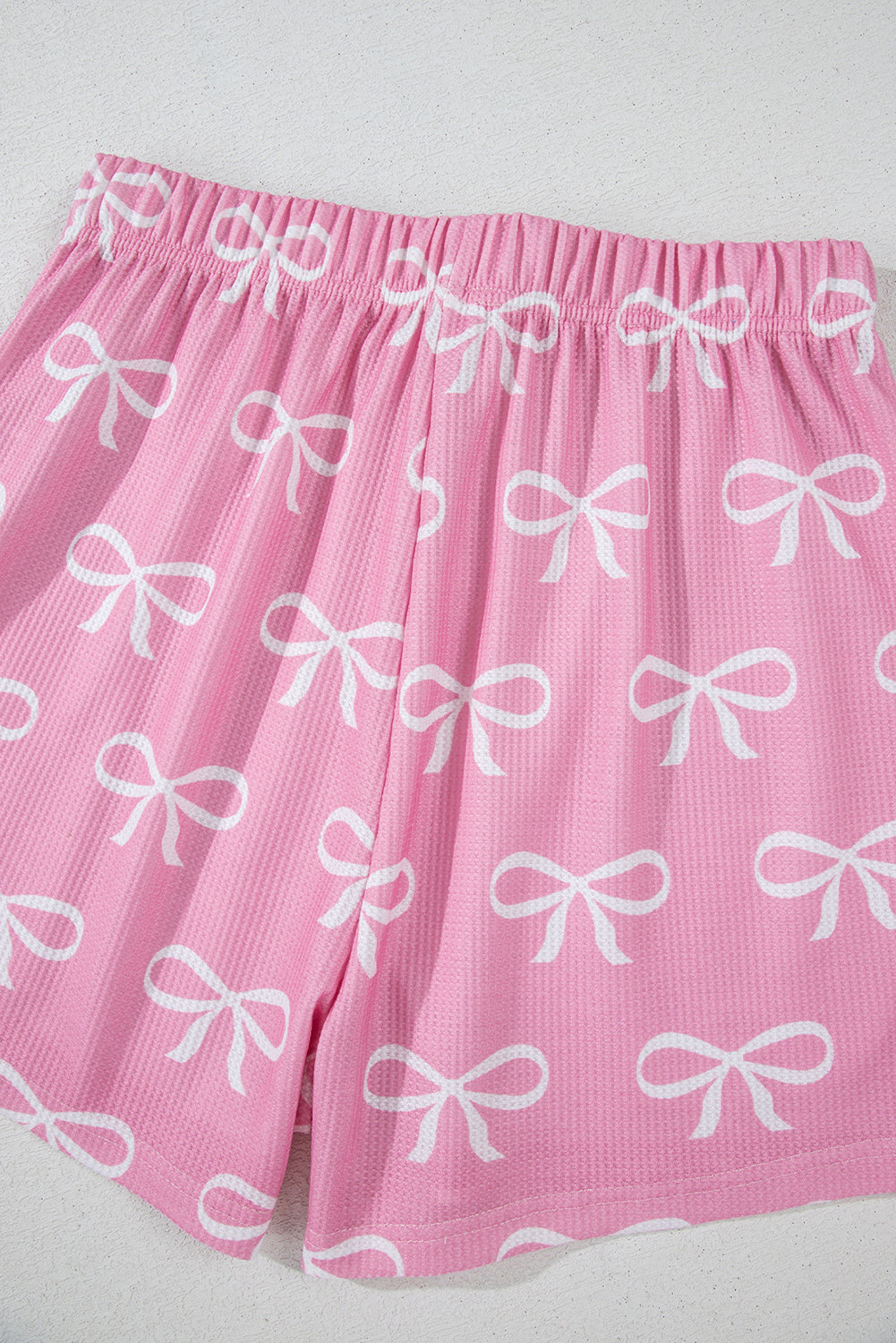 KaleaBoutique Stylish Waffle Knit Bowknot Printed V Neck T Shirt and Shorts Set - KaleaBoutique.com