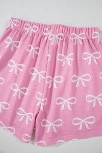 KaleaBoutique Stylish Waffle Knit Bowknot Printed V Neck T Shirt and Shorts Set - KaleaBoutique.com
