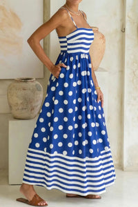 KaleaBoutique Stylish Striped Polka Dot Patchwork High Waist Spaghetti Straps Maxi Dress - KaleaBoutique.com