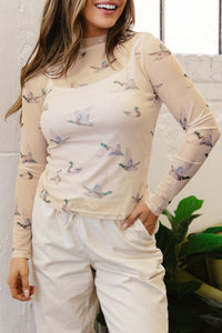 KaleaBoutique Stylish High Neck Western Print Mesh Sheer Long Sleeve Top - KaleaBoutique.com