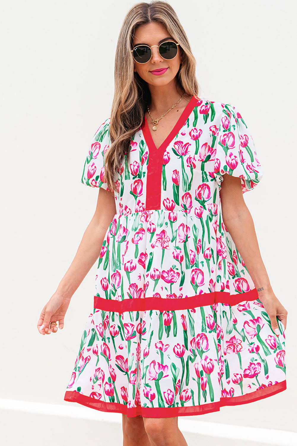 Floral Print Contrast Trim V Neck Bubble Short Sleeve Babydoll Dress - KaleaBoutique.com