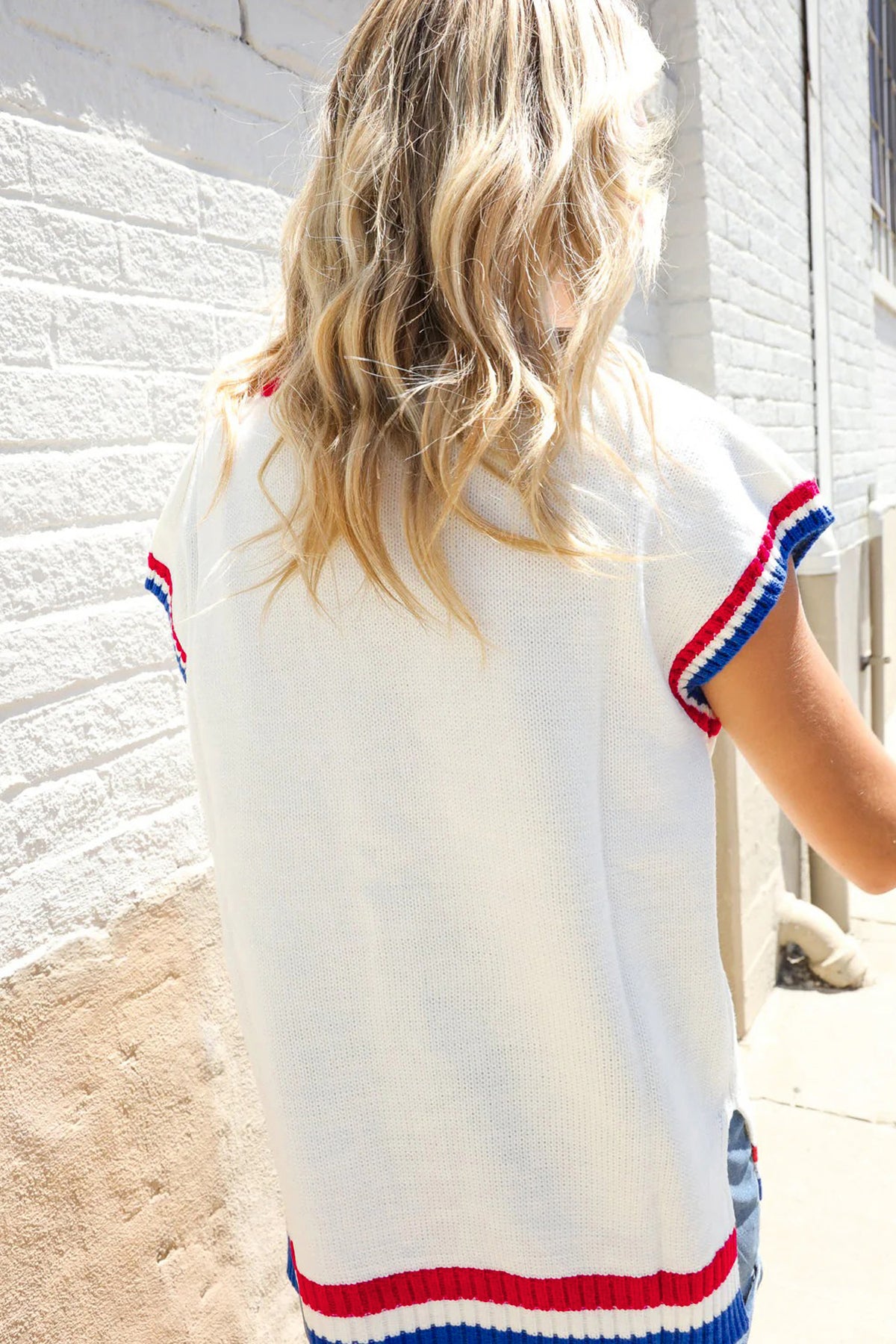 KaleaBoutique Stylish USA Contrast Striped Trim Round Neck Short Sleeve Sweater - KaleaBoutique.com
