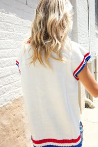 KaleaBoutique Stylish USA Contrast Striped Trim Round Neck Short Sleeve Sweater - KaleaBoutique.com