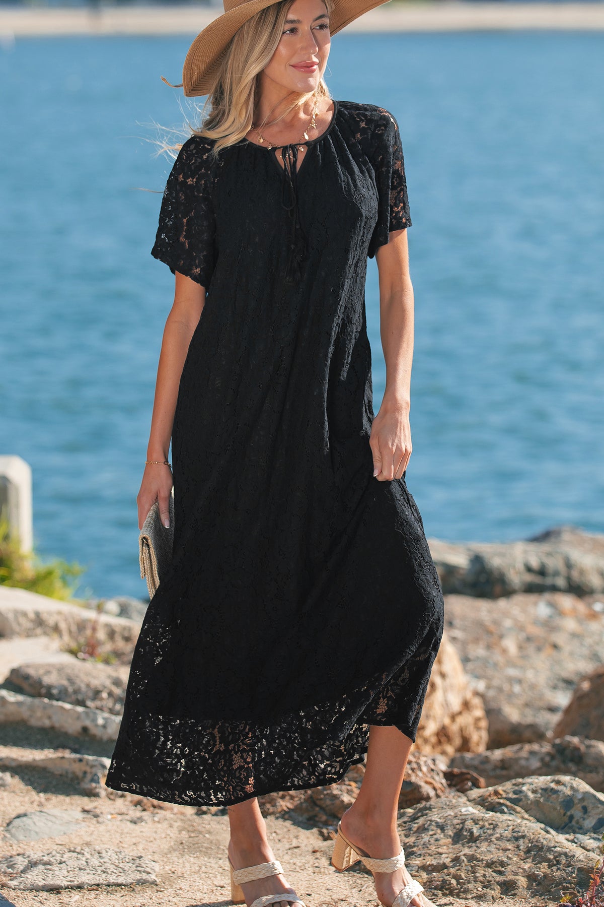 KaleaBoutique Comfortable Floral Lace Overlay Tassel Tie Short Sleeve Beach Vacation Loose Maxi Dress - KaleaBoutique.com