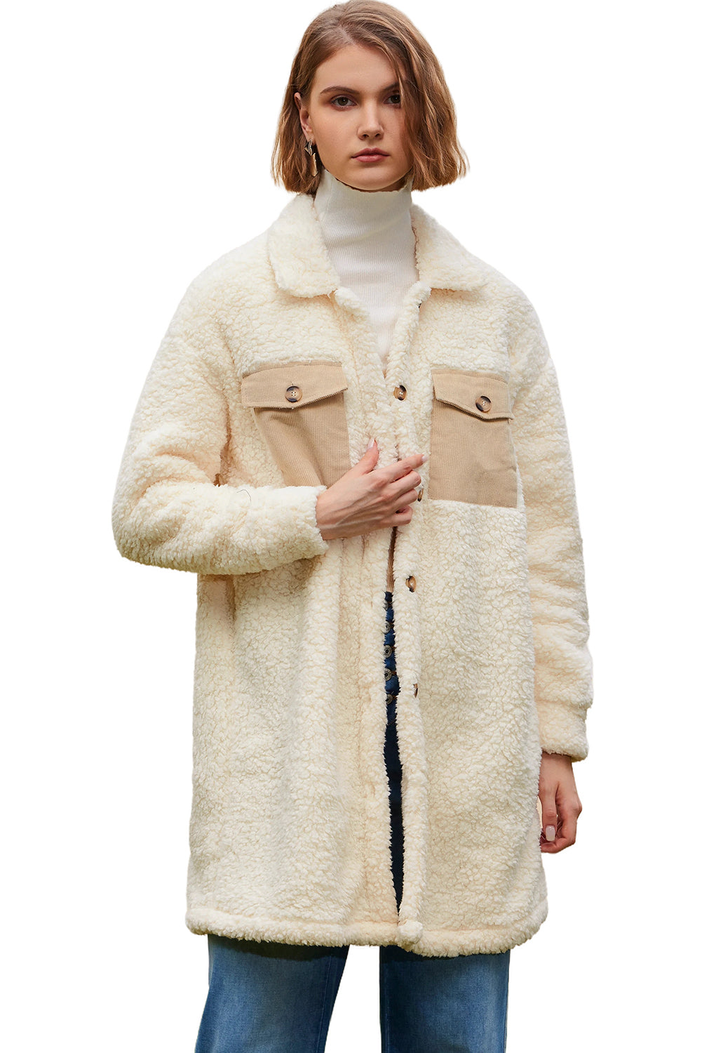 KaleaBoutique Stylish Contrast Flap Pocket Single Breasted Teddy Coat - KaleaBoutique.com