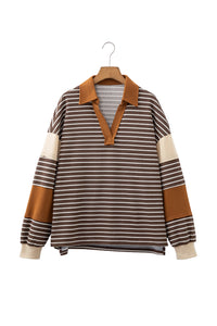 KaleaBoutique Stylish Collar V Neck Color Block Detail Long Sleeve Pullover Top - KaleaBoutique.com