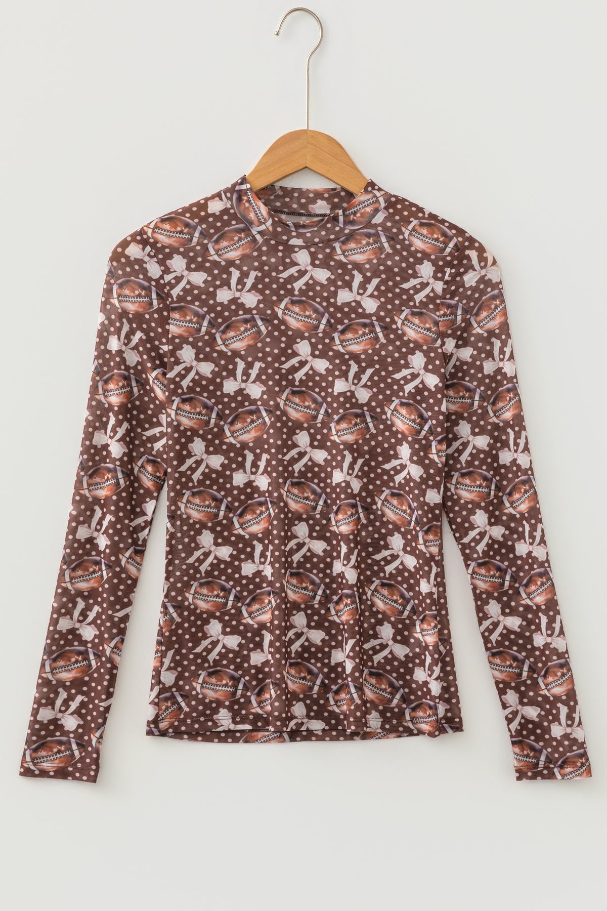 KaleaBoutique Stylish Polka Dot Bow Football Print Long Sleeve Mesh Top - KaleaBoutique.com