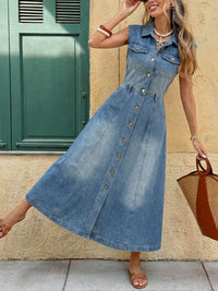 Fashionable Washed Sleeveless Denim Maxi Dress - KaleaBoutique.com