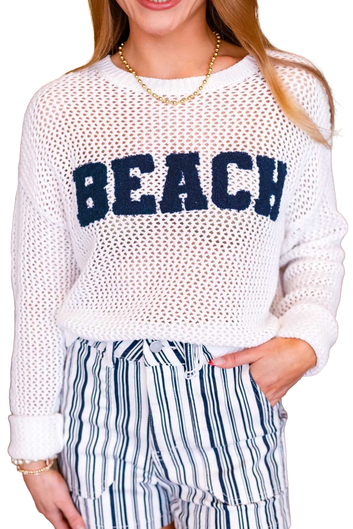 Chenille BEACH Lettering Hollow Out Knit Casual Sweater - KaleaBoutique.com