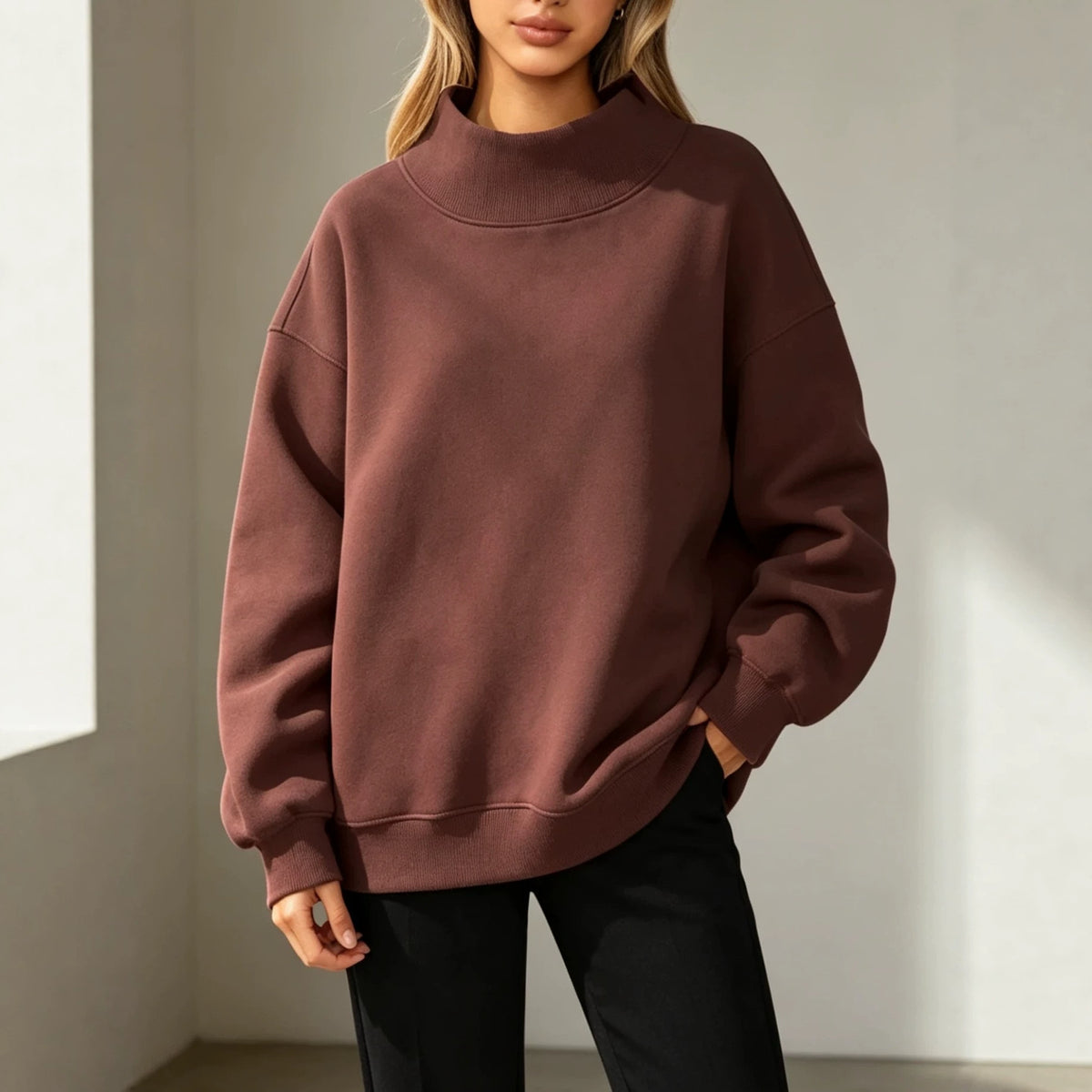 Women's Relaxed-Fit Mock-Neck Drop-Shoulder Sweatshirt - KaleaBoutique.com
