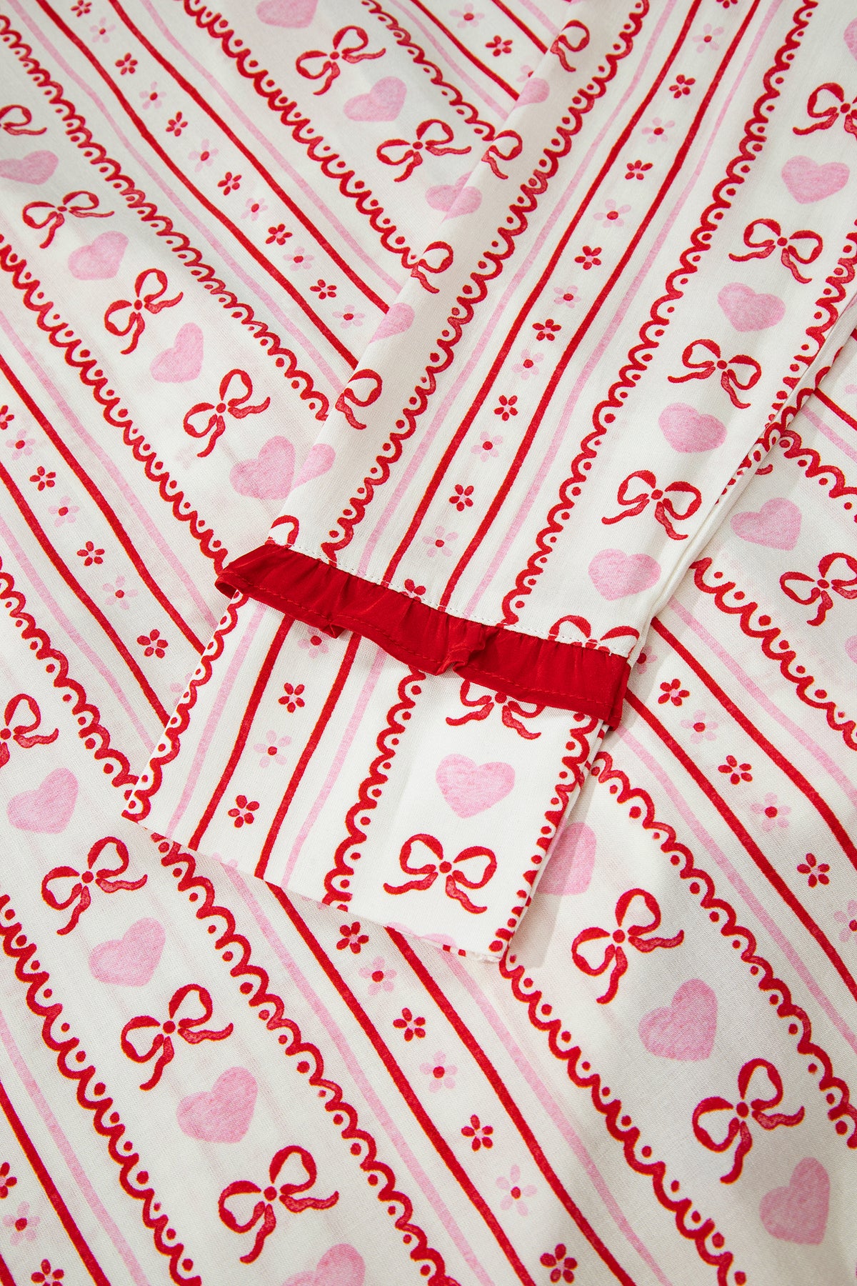 KaleaBoutique Stylish Sweet Floral Heart Bow Print Contrast Trim Long Sleeve Shirt Pajama Short Set - KaleaBoutique.com