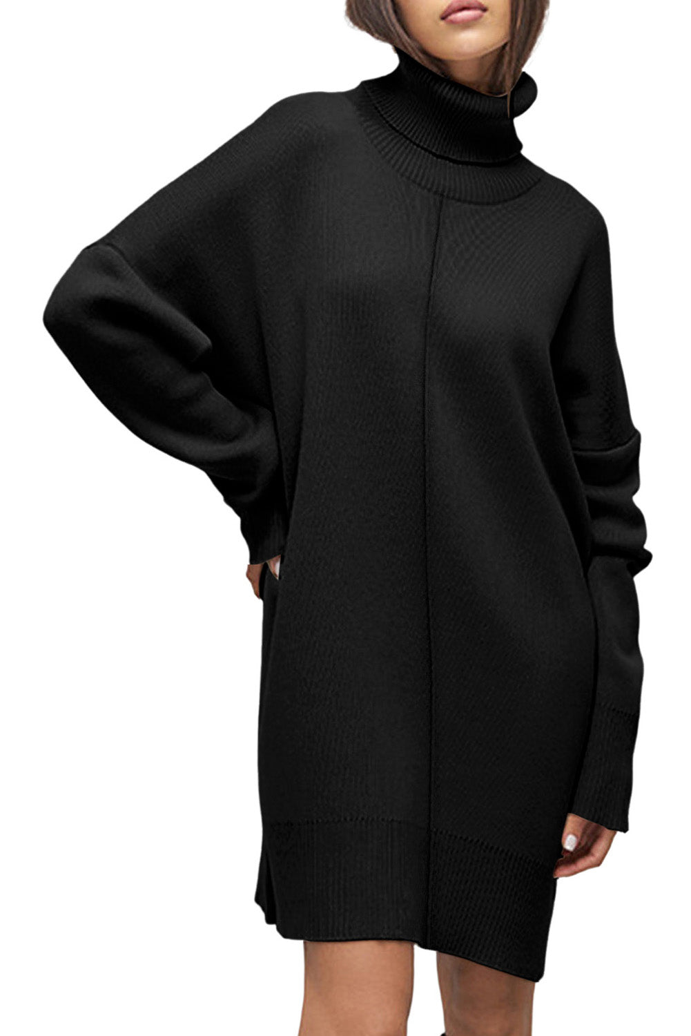KaleaBoutique Comfortable Solid Color Turtleneck Drop Shoulder Loose Sweater Dress - KaleaBoutique.com