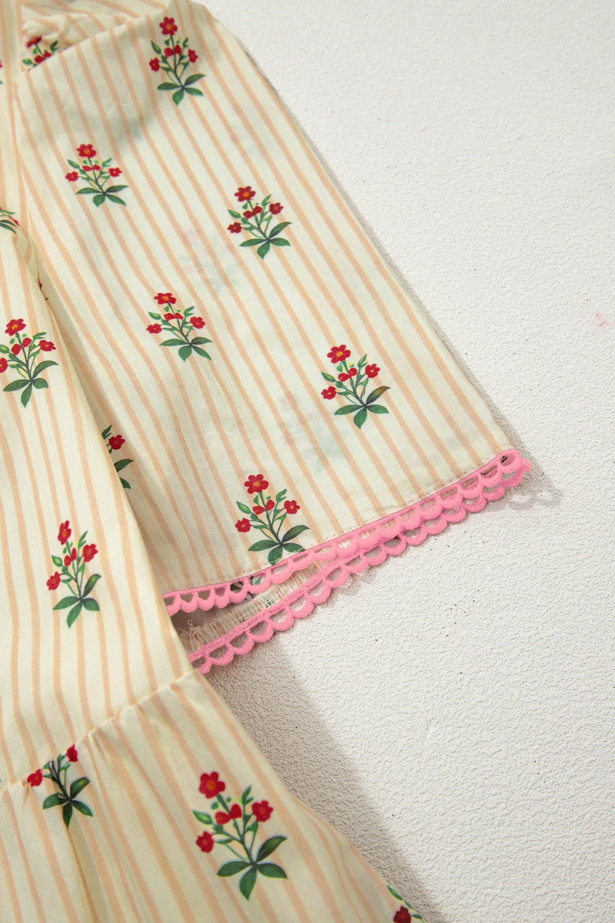 KaleaBoutique Comfortable Striped Floral Print Contrast Detail Ruffle Hem Short Dress - KaleaBoutique.com