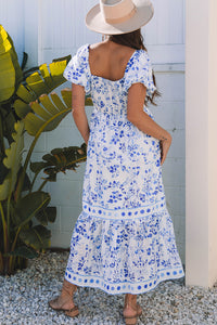 KaleaBoutique Stylish Floral Print Square Neck Bubble Sleeve High Waist Maxi Dress - KaleaBoutique.com