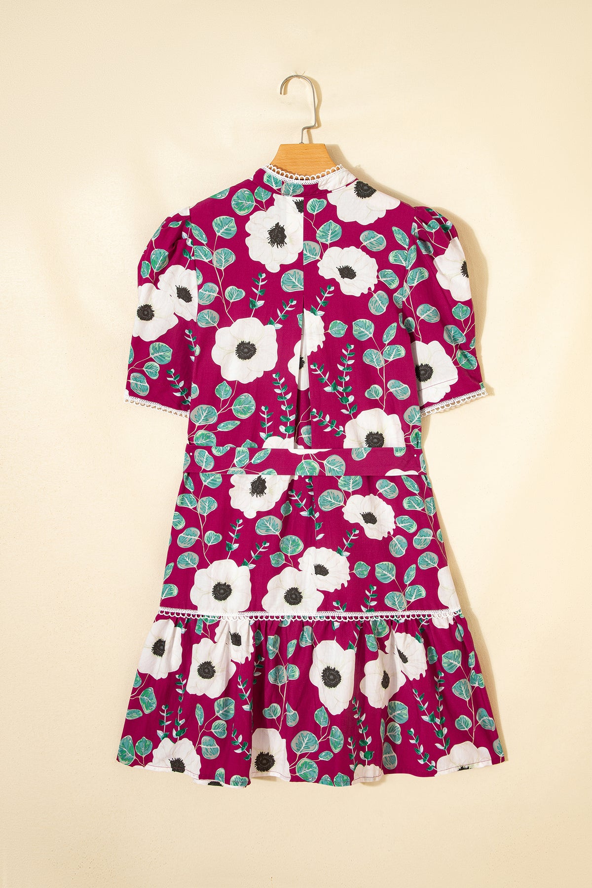 KaleaBoutique Stylish Floral Print Trimmed Short Puff Sleeve Mini Dress with Belt - KaleaBoutique.com