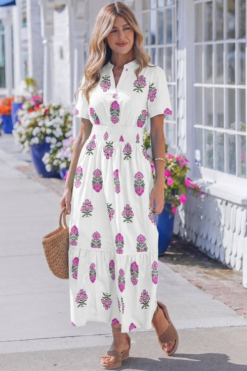 KaleaBoutique Stylish Floral Print Split Neck Shirred High Waist Ruffle Hem Maxi Dress - KaleaBoutique.com