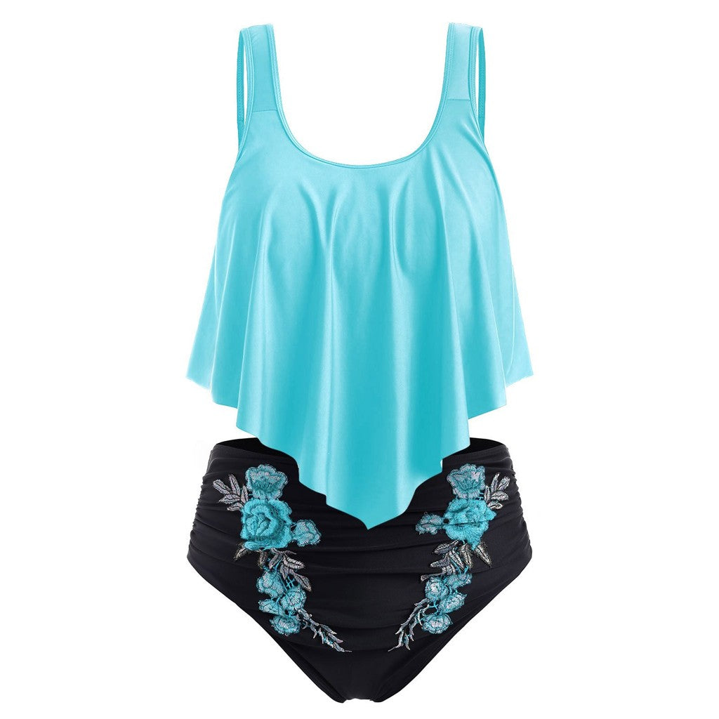 Women's Flounce Top and Floral High-Waisted 2 PC Bikini Set - KaleaBoutique.com