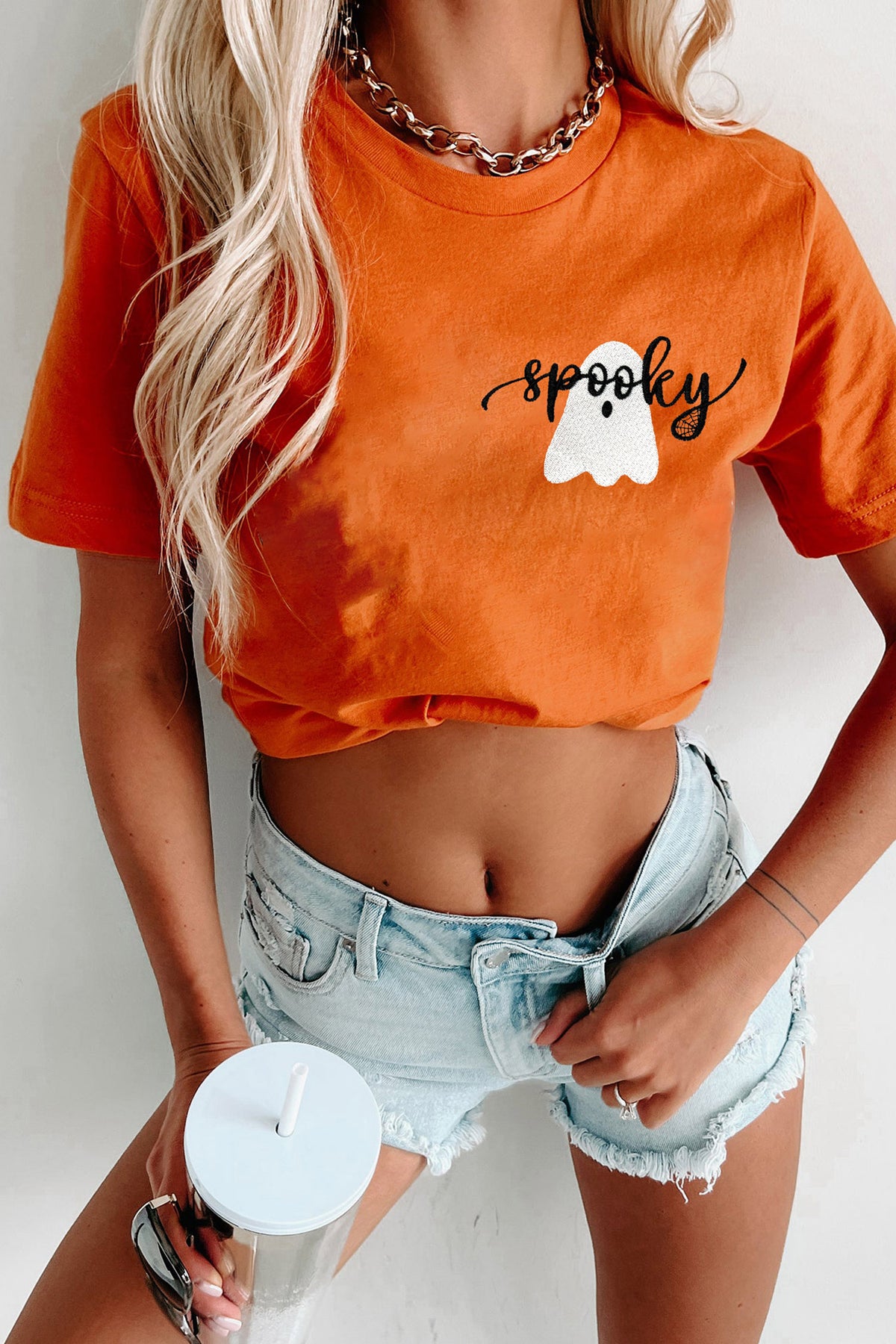 Orange Embroidered Spooky Ghost Graphic Halloween T-Shirt - KaleaBoutique.com