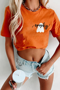 Orange Embroidered Spooky Ghost Graphic Halloween T-Shirt - KaleaBoutique.com