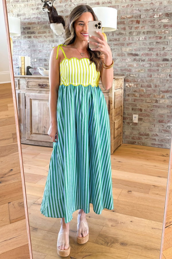KaleaBoutique Stylish Scalloped Contrast Patchwork Knot Strap Midi Dress - KaleaBoutique.com