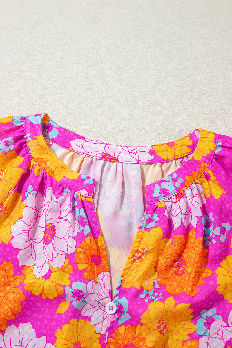 KaleaBoutique Floral Print Flounce Sleeve Notched Neck Blouse - KaleaBoutique.com