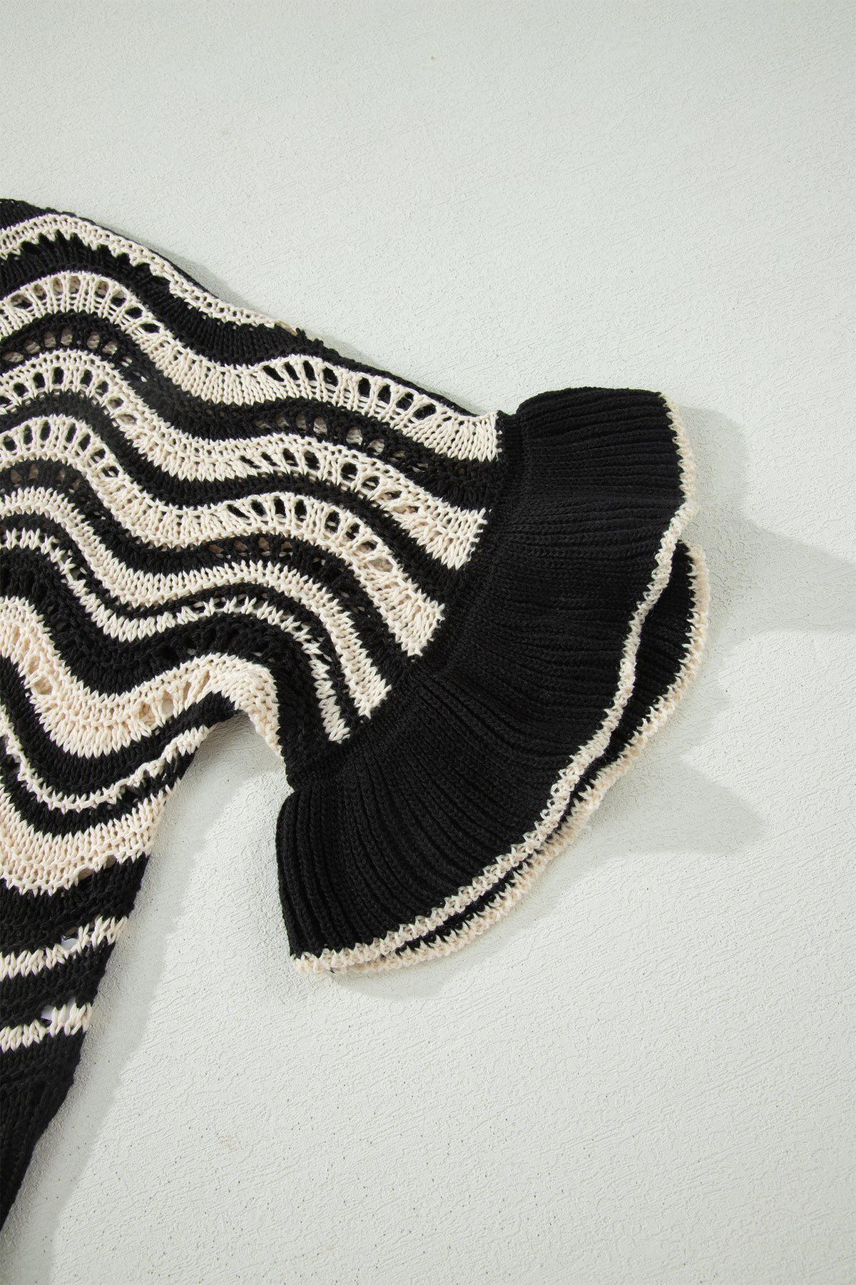 KaleaBoutique Stylish Wavy Crochet Eyelet Detail Ruffle Half Sleeve Sweater - KaleaBoutique.com