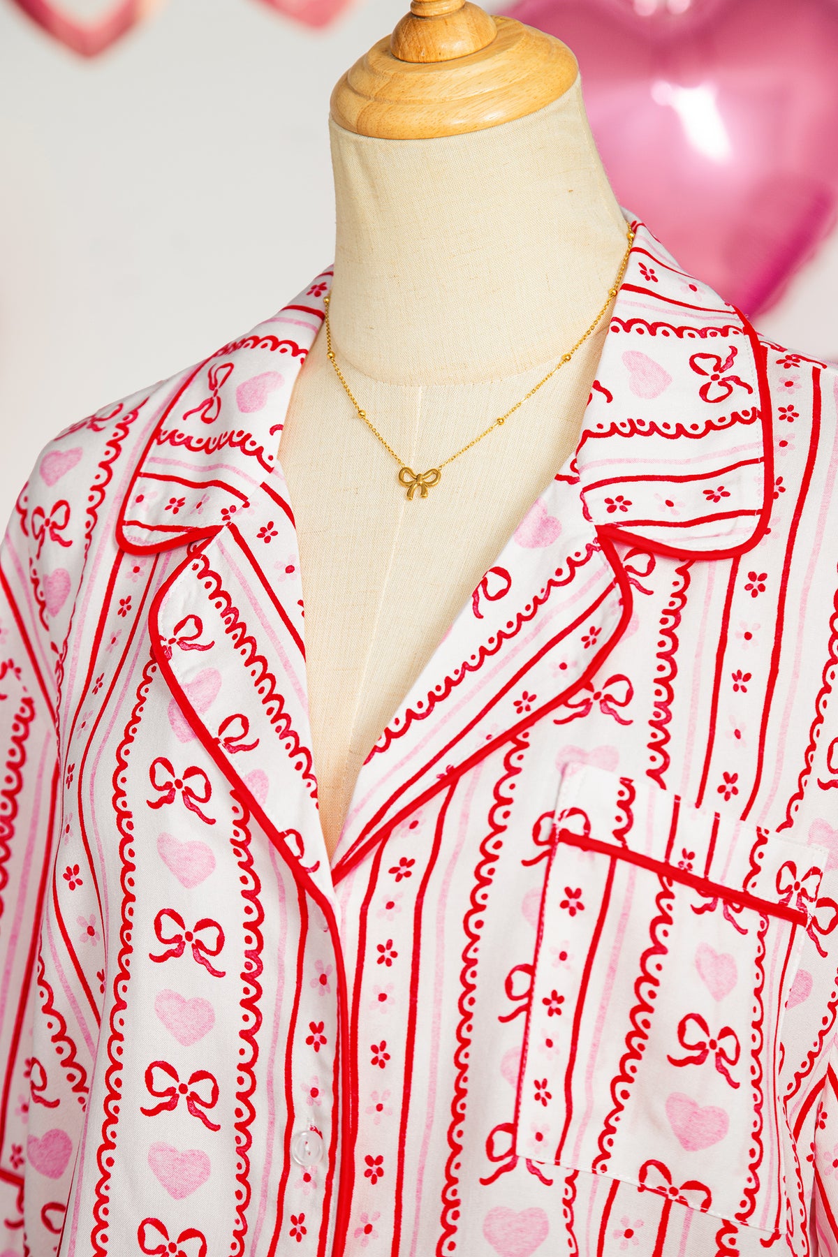 KaleaBoutique Stylish Cute Bow Heart Print Ribbon Decor Short 2pcs Pajama Set - KaleaBoutique.com