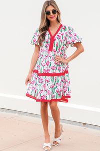 Floral Print Contrast Trim V Neck Bubble Short Sleeve Babydoll Dress - KaleaBoutique.com
